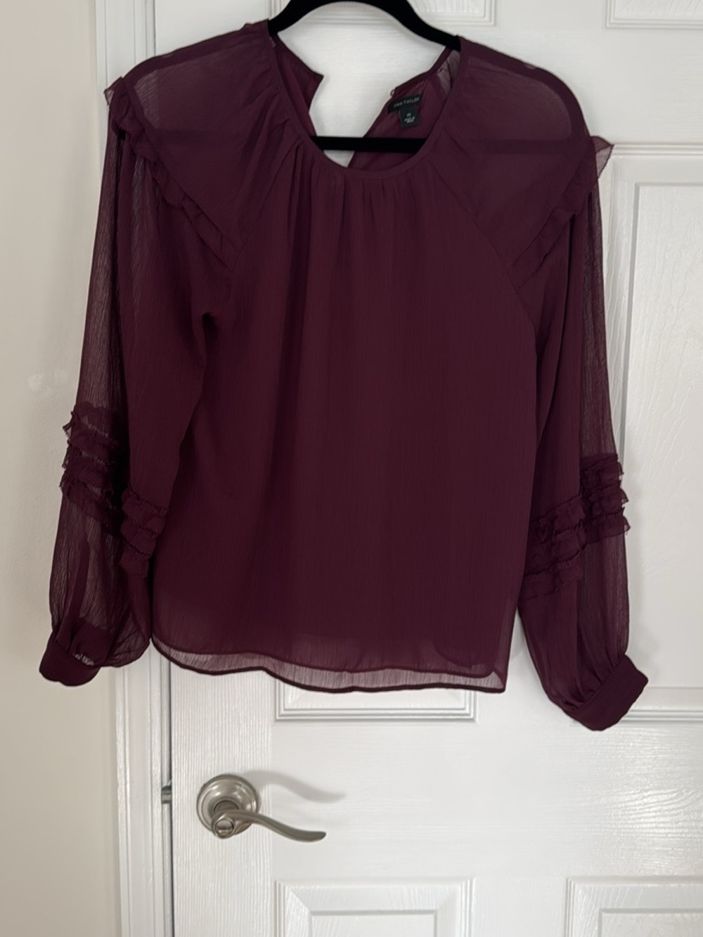 Ann Taylor Burgundy Chiffon Ruffle-Trim Blouse
